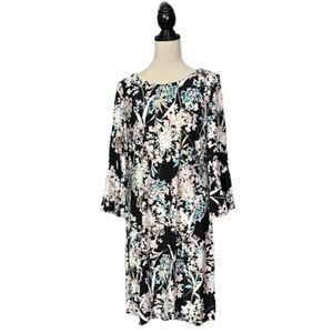 Tommy Hilfiger Pink & Black Floral Soft Dress Flare Slvs Silver Zipper Sz M